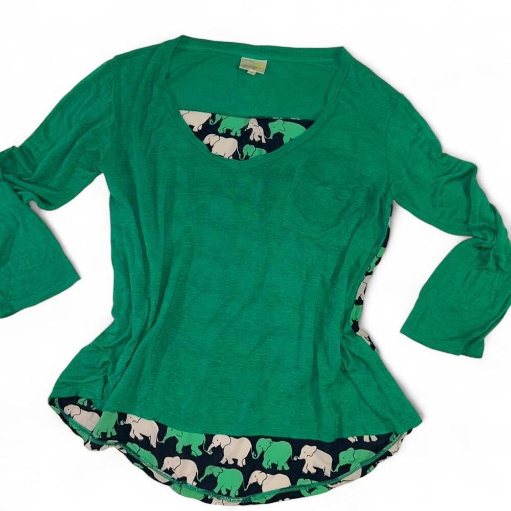 Porridge Green Long Tab-Sleeve Elephant Slouchy Top Medium